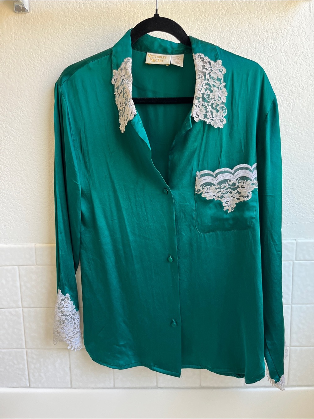 Victoria's Secret Vintage Teal 100% Silk Button-Up with White Lace Trim